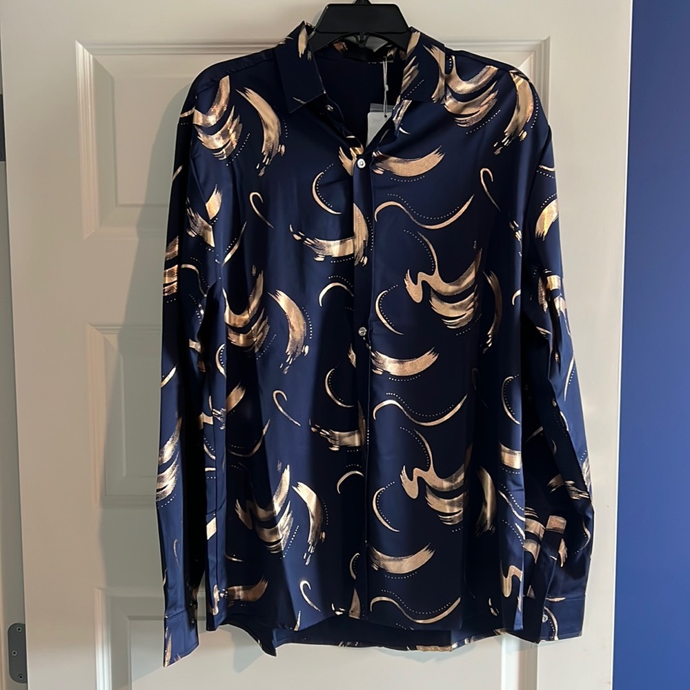 ZEROYAA Men's Hipster Shiny Design Slim Fit Long Sleeve Button Up